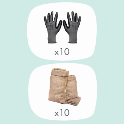 Matériel de ramassage de déchets, gants et sacs réutilisables, options disponibles pour événements écologiques