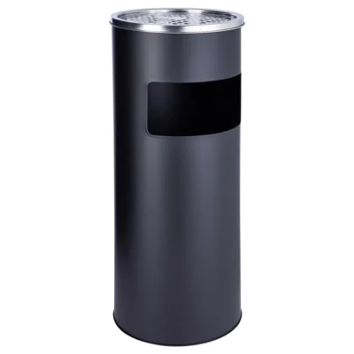 Cendrier poubelle 30L noir 2 en 1 pour extérieur Vue latérale du cendrier poubelle noir 30L avec réceptacle à mégots Réceptacle amovible du cendrier poubelle 2 en 1 pour espaces publics Cendrier poubelle noir éco-conçu pour collecte de mégots et déchets
