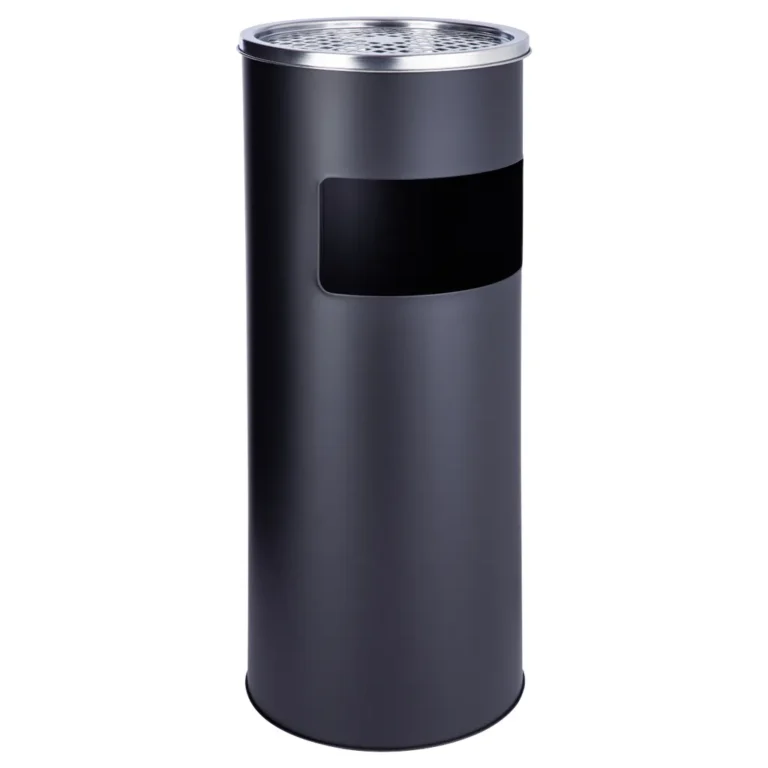 Cendrier poubelle 30L noir 2 en 1 pour extérieur Vue latérale du cendrier poubelle noir 30L avec réceptacle à mégots Réceptacle amovible du cendrier poubelle 2 en 1 pour espaces publics Cendrier poubelle noir éco-conçu pour collecte de mégots et déchets
